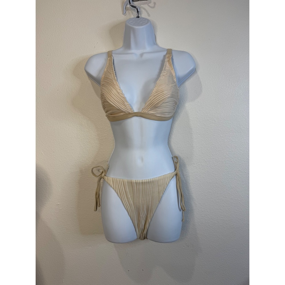 ZAFUL Womens Sand Beige Pleated Triangle Bikini Set Medium Ribbed Two Piece Swim